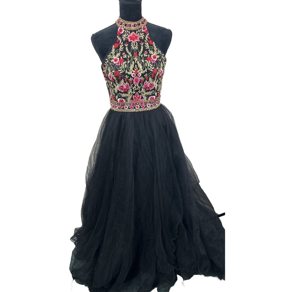 Morilee Madeline Gardner Prom Dress‎ Embroidered Beaded Grunge Goth Black Tulle
